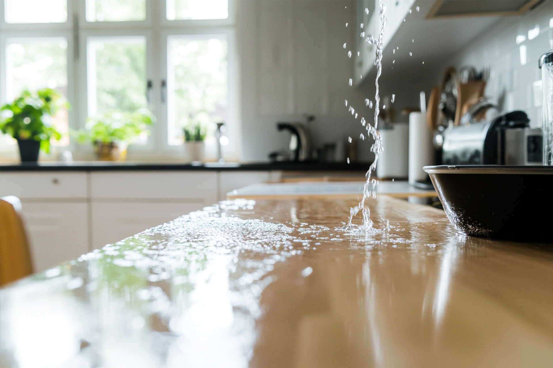 en vattenläcka i ett kök